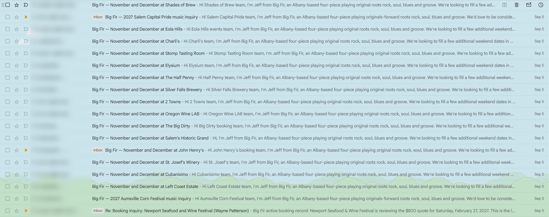 Gmail sent folder with venue-specific booking emails, recipients blurred